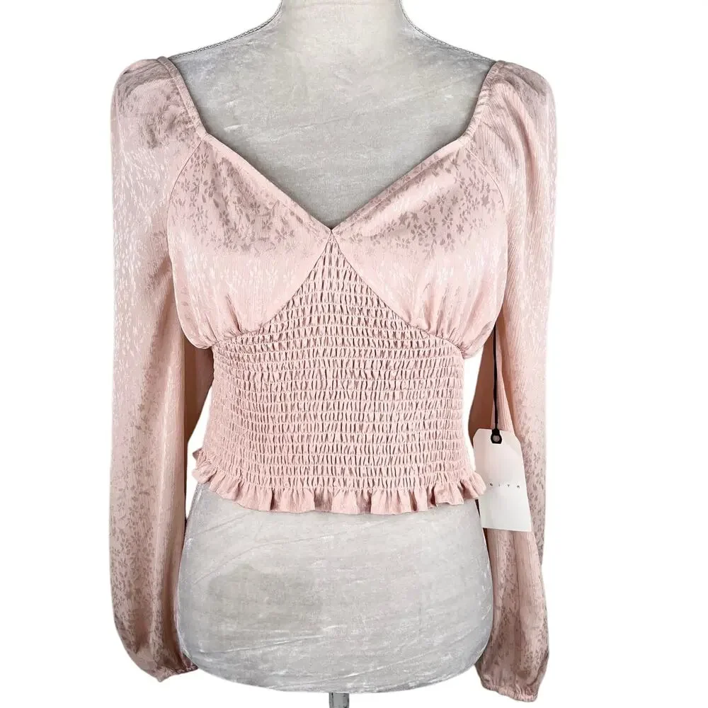 Leith Blouse Crop Top Smocked Pink Smoke M New